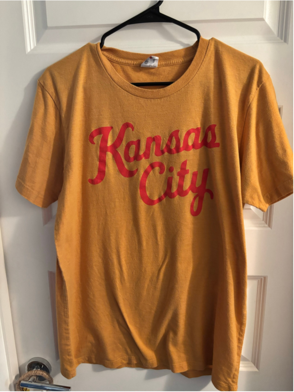 women's Charlie Hustle Kansas City Graphic Tee, Size L, Yellow and Red